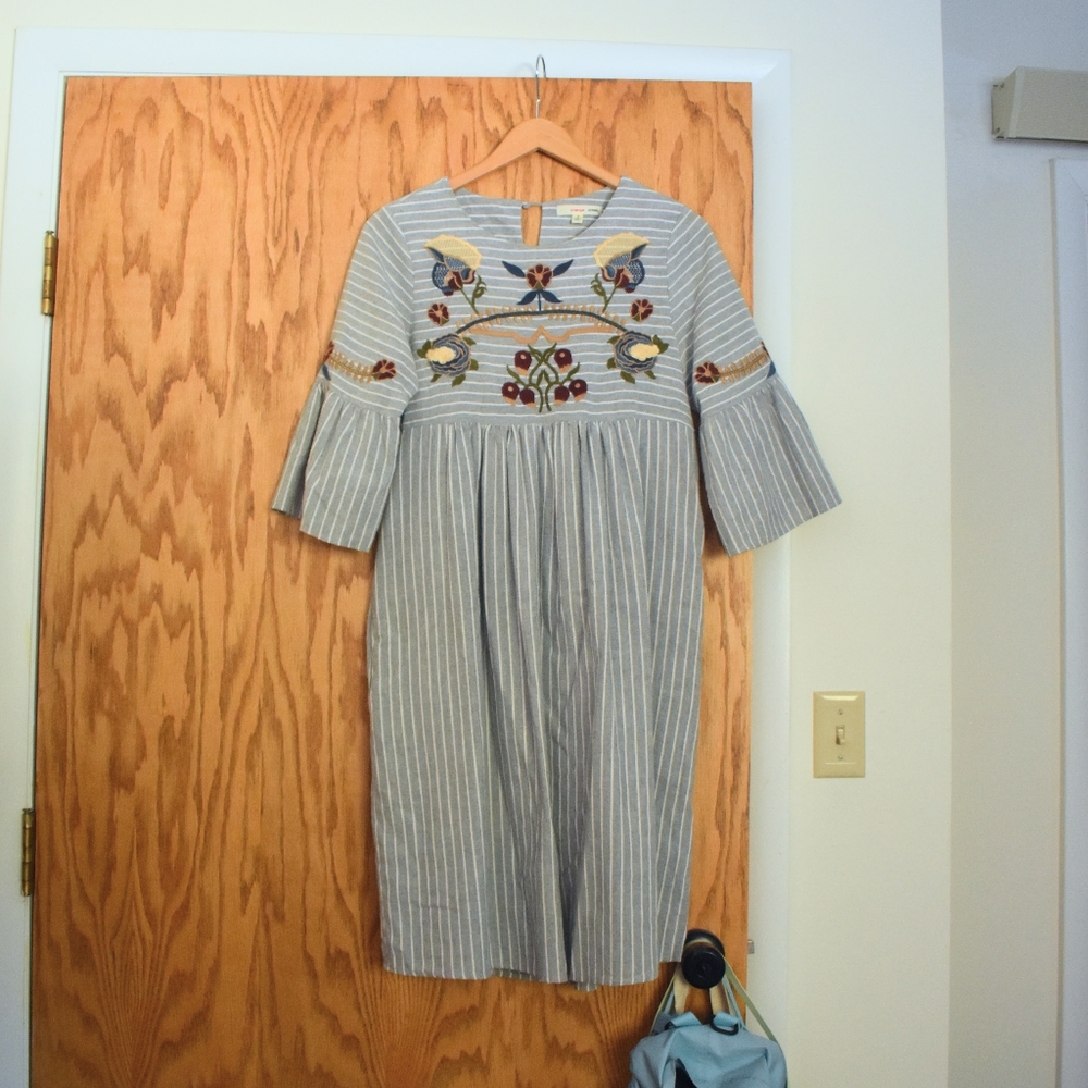 Embroidered pin-stripe dress